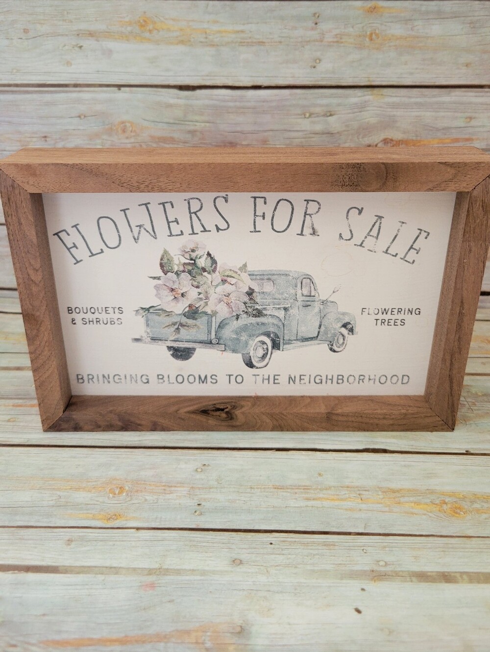 Rustic Framed Wooden Sign of Vintage Truck with Flowers